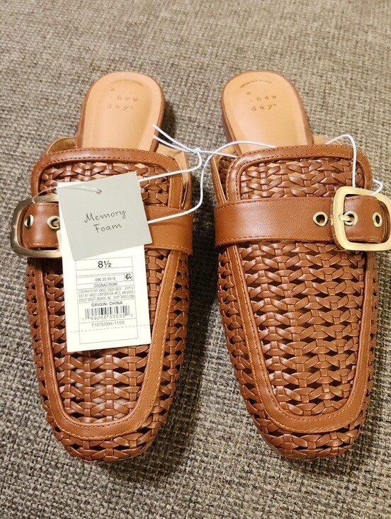 a new day Shoes - a new day Woven Leather Texture Slide Mules in Tan with Gold Buckles 8.5